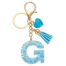 Initial Letter Keychains, Resin Cute Pendant with Heart  Tassel, Blue-G