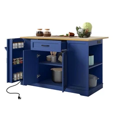 Rolling Kitchen Island w/ Trash Bin Holder, Power Outlets, Spice Racks & Storage