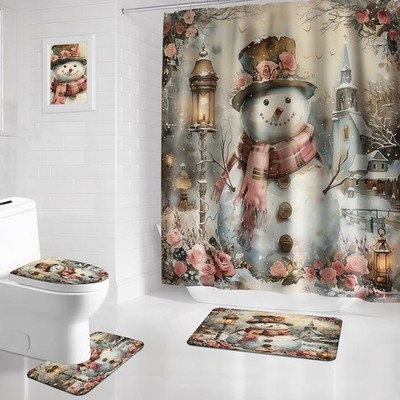 Christmas Vintage Snowman Shower Curtain Sets For Bathroom Decor, Retro Nons 