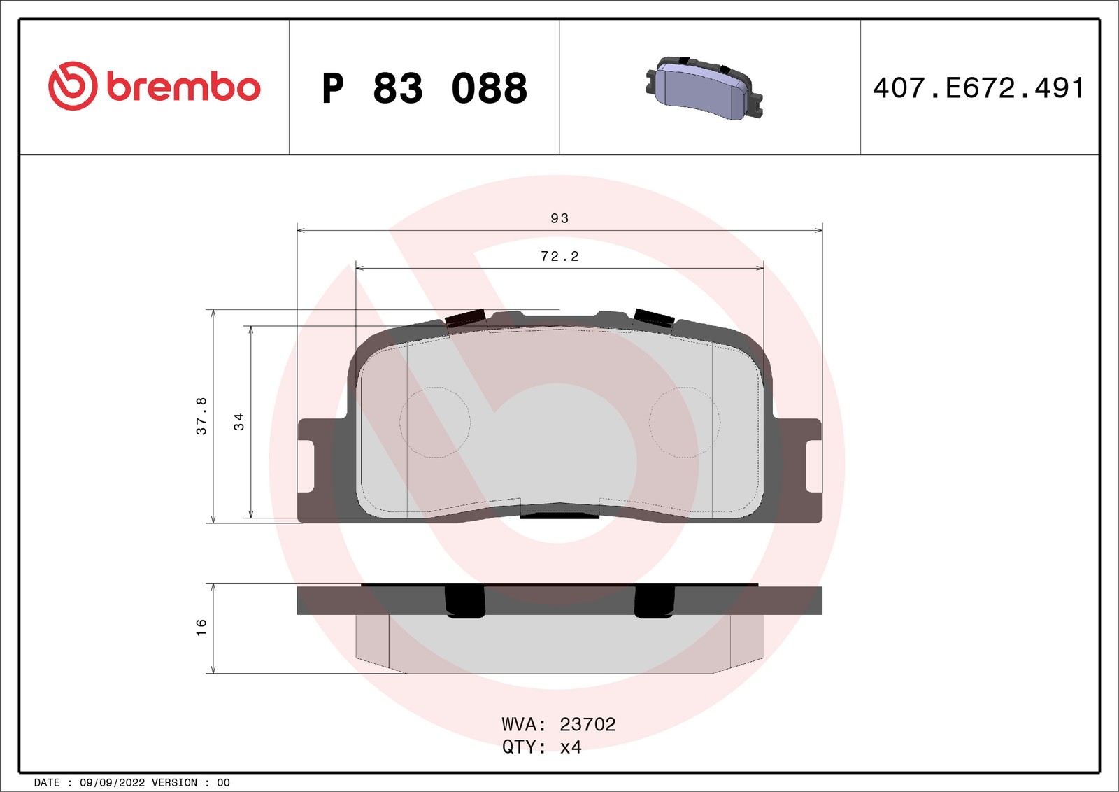 Brembo P 83 088 Bremsbelagsatz, Scheibenbremse - (4-teilig) - Bild 3