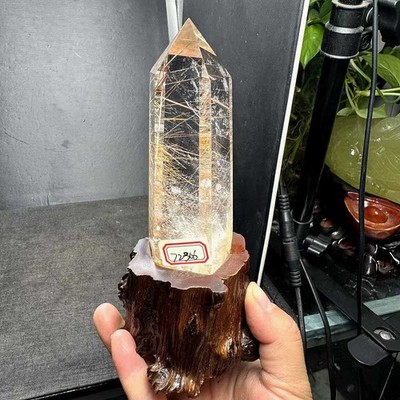 420g Natural golden rutilated quartz Obelisk Crystal Point Reiki Decor+Stand