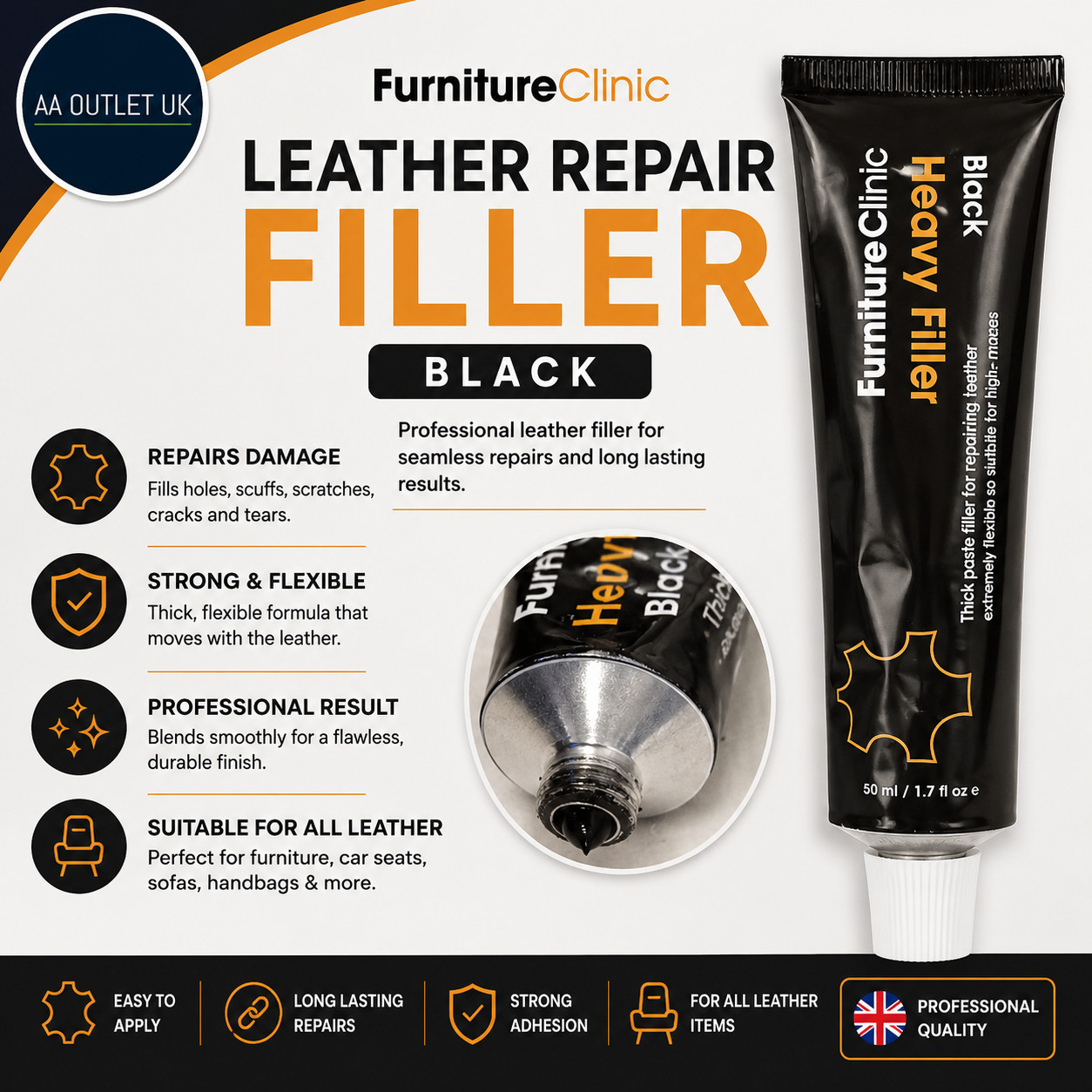 Furniture Clinic Leather Repair Filler Black Professional Restoring Holes 50ml