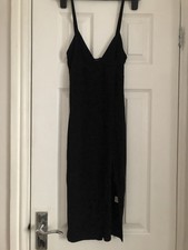 Little black slinky dress size 8 plunge Strappy split hem V Neck Women’s bodycon
