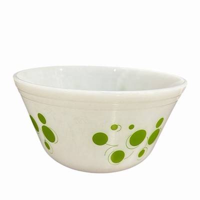 Vintage Fire King Milk Glass Mixing Bowl Green Atomic Dot Heat Proof MCM