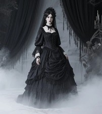 Black Gothic WeddingDress Elegant 80s Victorian Lace BridalGown Long Sleeve Punk