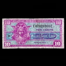 US MPC Military Payment Certificate 10 Cent Series 521 Banknote Paper Money VG