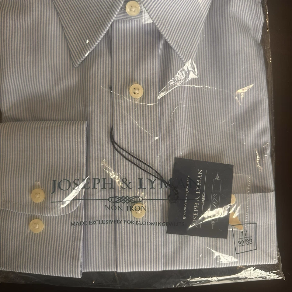 Camisa de Vestir Joseph & Lyman 17 32/33 Azul Blanco Rayas Algodón Sin Planchar Nueva con Etiquetas Foto 3 de 4
