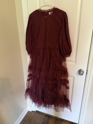 Dainty Jewells Burgundy Solid Midi Dress XL Crew Neck Ruffle Tulle Lined Zip
