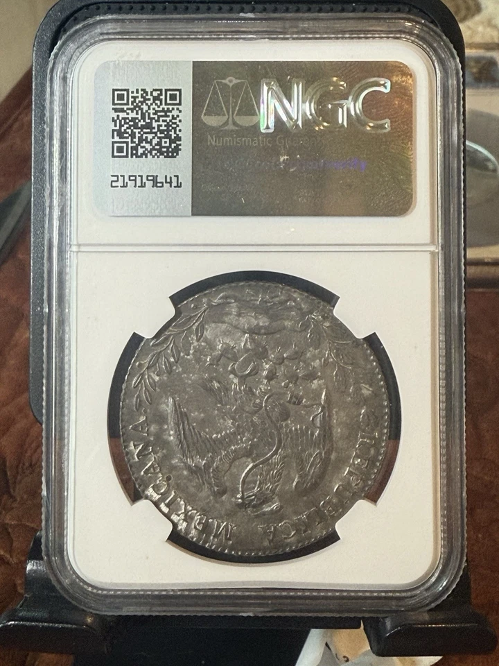RARO 1876 Mo BH México 8 reais NGC MS61 tonificação original  - Imagem 2 de 2