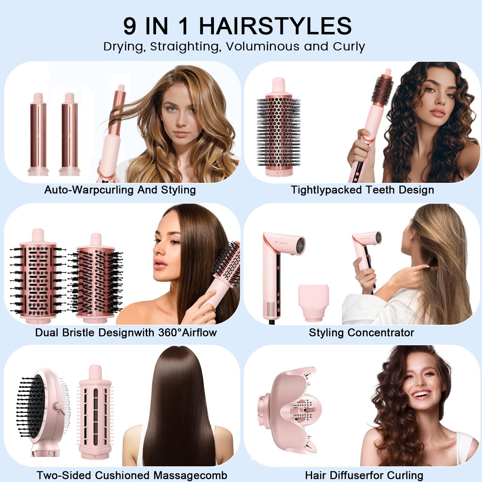 9 in 1 Hair Styler Set & Hair Dryer Brush, 110,000 RPM High-Speed Negative Io...