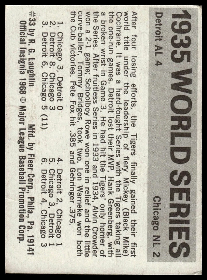 Fleer World Series 1971 (Black Backs) #33 1935 - Tigres vs. Cachorros Foto 2 de 2