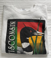 Vintage 90s Wisconsin Loon Sweatshirt USA Graphic Stained XL Nature White