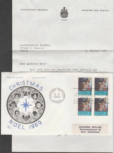 Canada to Switzerland 5c Christmas Block REPLACEMENT or PRESENTATION FDC 1969