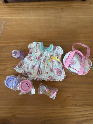 American Girl Pink Paisley Dress, Diaper Bag, Peas, Carrots, Spoon And Bottle