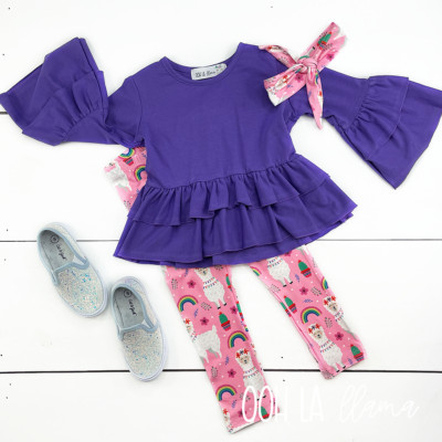 New OOH La LLama Ruffle Shirt Pants Capri Set Llamas on Pants Head Band