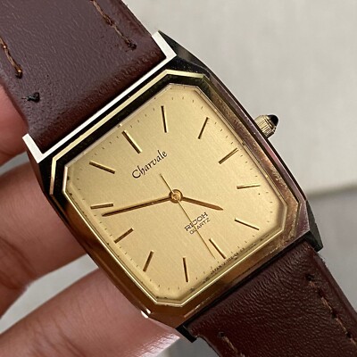 Rare Ricoh Charvale 702011 Quartz Square Gold Dial Slim Dress