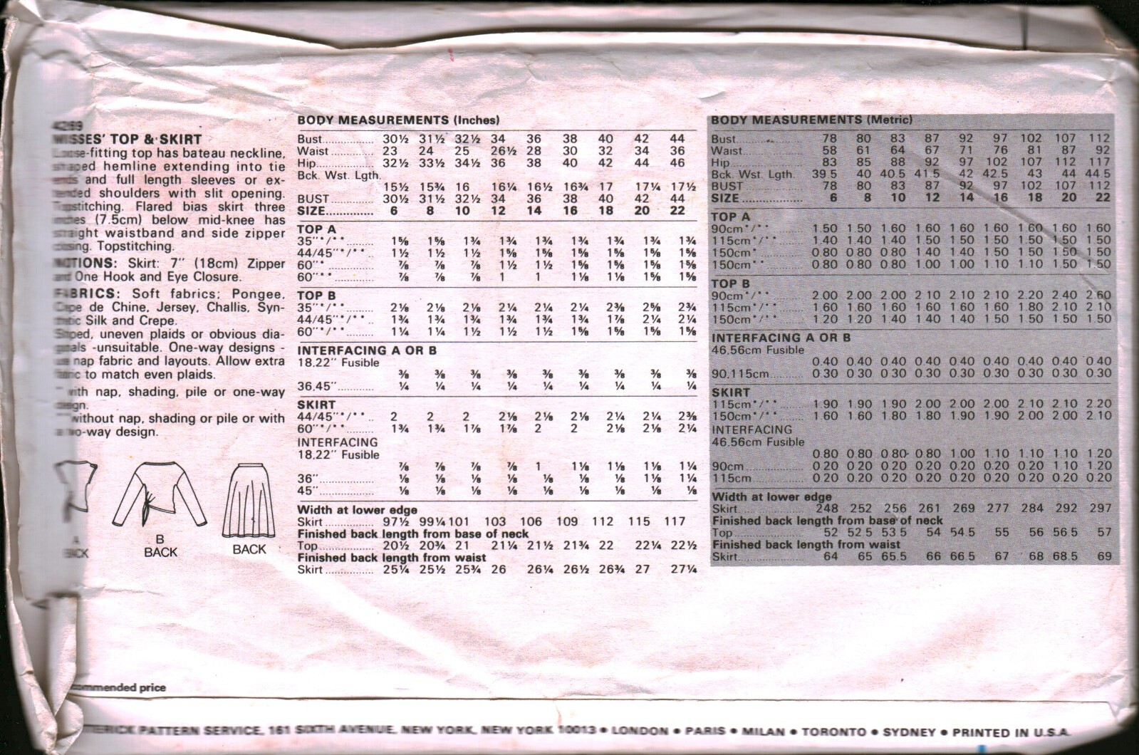 4569 Vintage Butterick Sewing Pattern Misses Loose Fitting Top Skirt ...