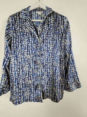 Oscar De La Ranta Women's Patterned Long Sleeve Collared Blouse Blue Medium