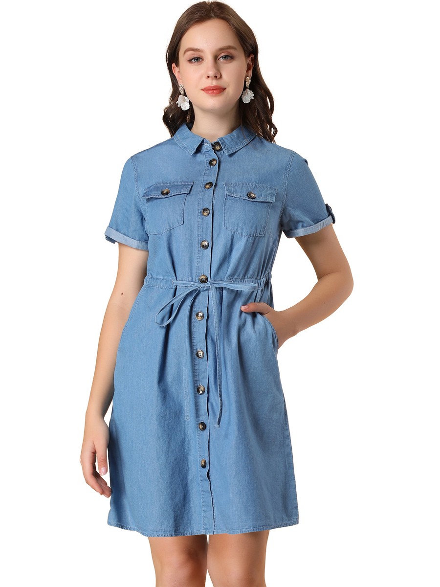 allegra k denim dress Allegra K Denim Dress for Women's Collared Short Sleeve A-Line Button Up  Jean Midi Dresses Medium Light Blue at Amazon Women's Clothing store