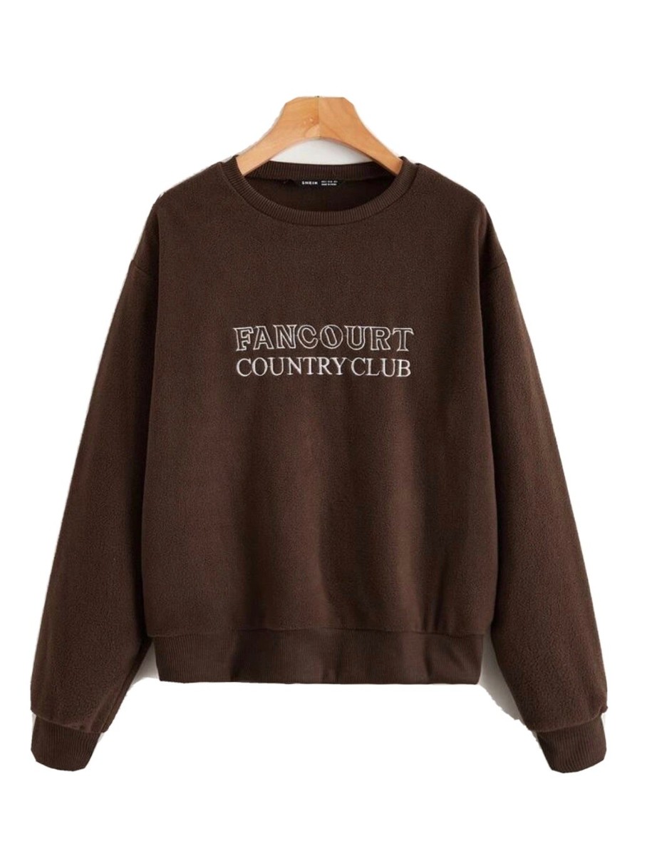 90s “Country Club” Brown Drop Shoulder Embroidered Letter Pullover
