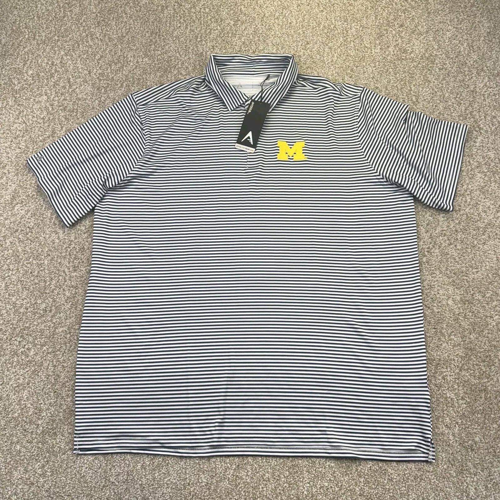 NEW Michigan Wolverines Polo Shirt Mens 2XL White Blue Stripes Short Sleeve
