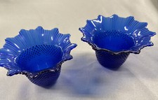 2 Vintage Cobalt Blue Diamond Glass Votive Candle Holders Hand Made In Thailand
