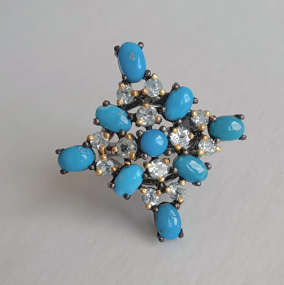 ANELLO IN ARGENTO STERLING 925 BRUNITO CON TURCHESI E TOPAZI AZZURRI NATURALI - Immagine 2 di 4