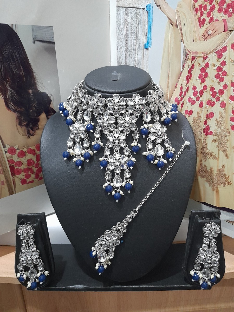 womans Gift Indian Asian Silver Blue Choker Necklace Tikka Earrings  Jewellery | eBay