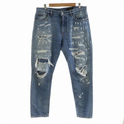 DOLCE & GABBANA LOOSE DENIM PANTS JEANS DAMAGED LOGO PLATE 48 M 