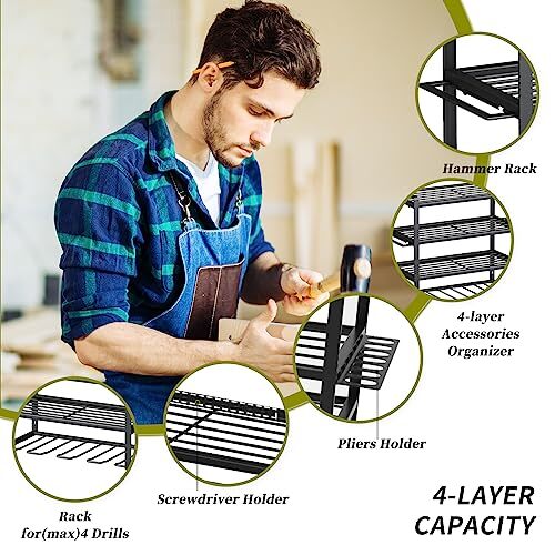 Power Tool Organizer,4 Layer Drill Holders Wall New 1 Pack Black-1Pack - Picture 5 of 6