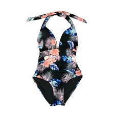DKNY One-Piece Swimsuit Size M Tie Halter Balconette Black Floral NWOT