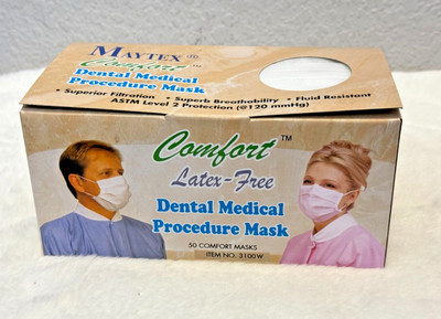 Medical White Face Mask by Maytex Comfortable ASTM Level 2, 50pcs/box