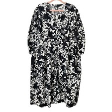 Talbots Dress Womens 22W Black White Butterfly Midi Puff Sleeve Shirt Pockets