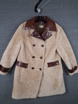 #ad Vintage Finger Hut Fashions Womens Coat 14 Cream Sherpa Leather Double 80s USA $37.49