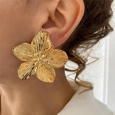 Exaggerated Flower Dangle Earrings for Women Gold Color Metal Punk S
