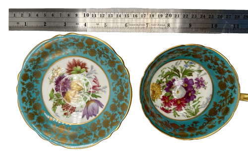 Paragon Double Warrant Teacup Saucer Teal Blue Flowers Gold Gilde Trim England - Afbeelding 7 van 9