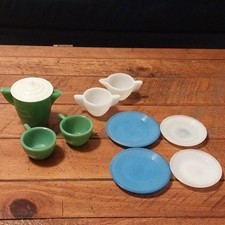 Akro Agate Childs Play Time Glass Tea Dish Set No Box 10 Piece Jadite/Delphite