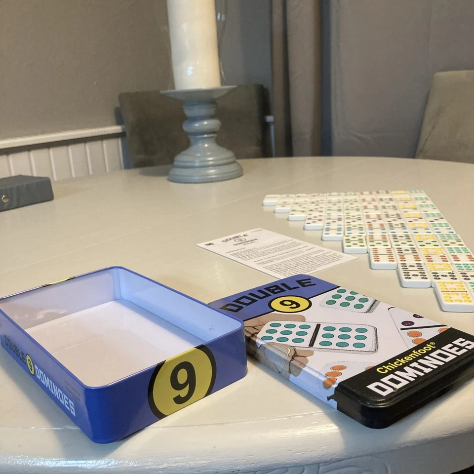 Set of 55 DOUBLE-NINE Chickenfoot Dominoes Color Dot w/ Metal Storage Tin - Image 4 of 4