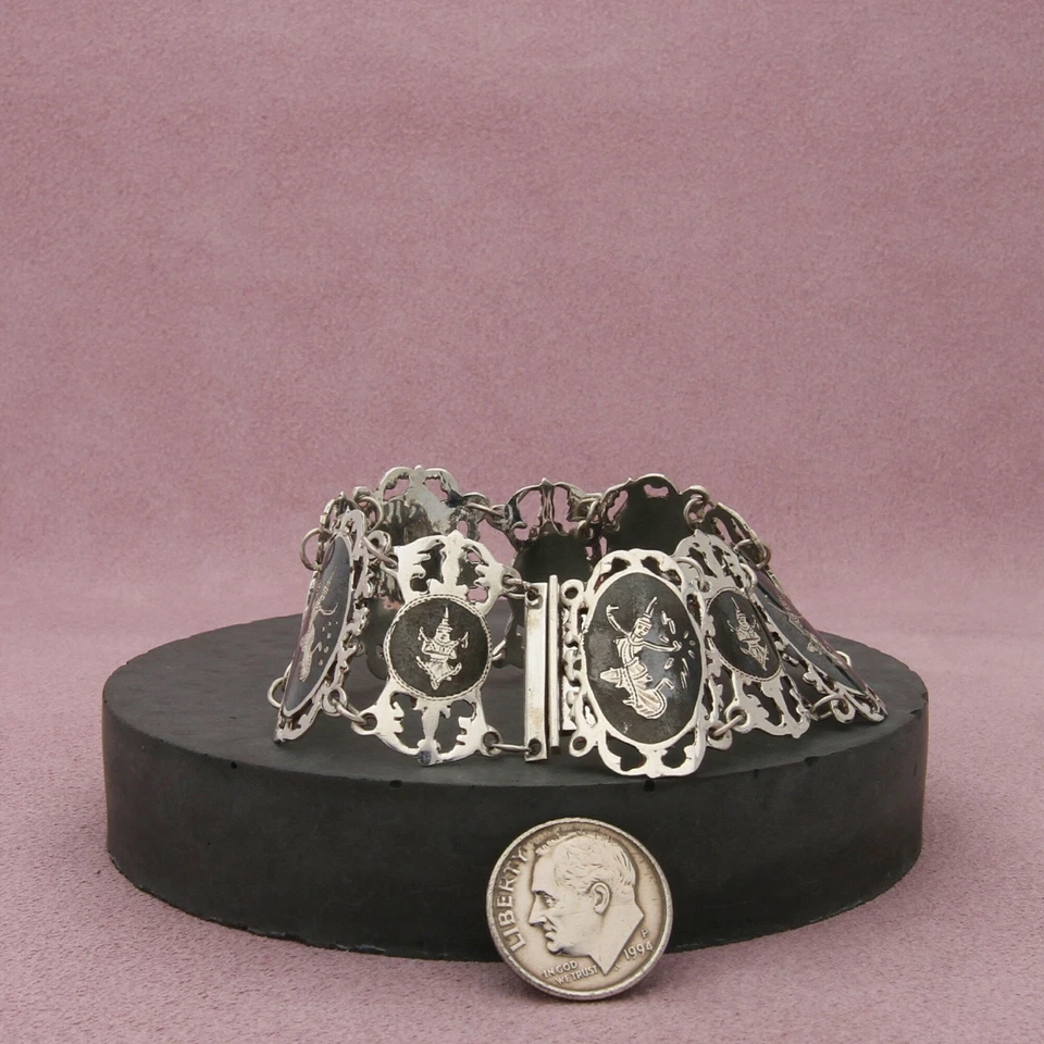 sterling silver vintage siam nielloware mekkala panel bracelet size 6.75in - Image 2 of 3