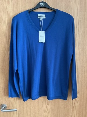Extrafeine Damenpullover Merinowolle V-Ausschnitt Indigo Größe Large von M&S. Neu mit Etikett