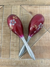 Vintage Hand Painted Maroon Maracas Carved Flower Gold Blue Flowers Wood Handle