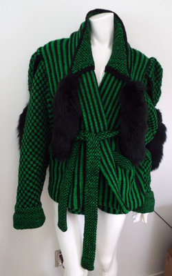 Vintage 1980s Kansai Yamamoto Green & Black Fur Trim Wool Sweater Oversized