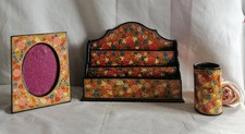 Vtg Kashmir Hand Painted Papier Mache Desktop Letter Rack/Photo Frame/Pen Pot
