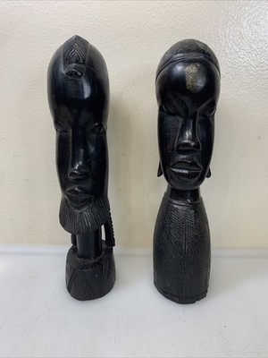 Two AFRICAN TRIBAL Bust Head Statues Hand Carved Solid Ebony Wood