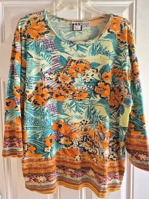 TAKE-TWO 100% Cotton Tee - 1X - Scoop Neck, 3/4 Sleeves, Beaded Front