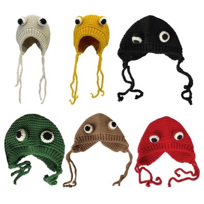 Women Winter Cable Knit Warm Earflap Hat Cartoon for Frog Eyes Windproof Beanie
