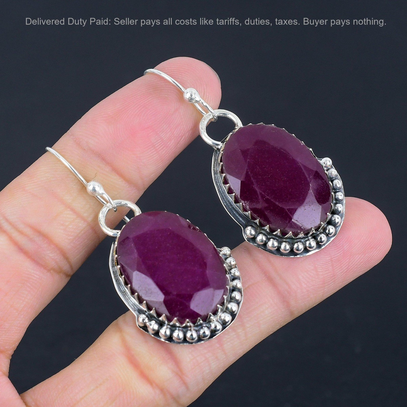 925 Sterling Silver Kashmir Rubi Gemstone Engagement Drop Dangle Hook Earrings