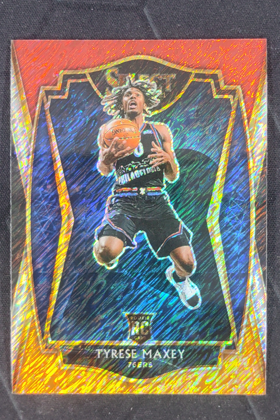 2020-21 Panini Select Tyrese Maxey Premier Level Red White Orange Shimmer RC