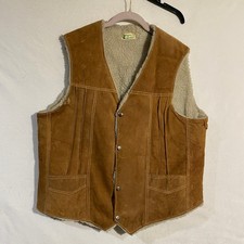 Vintage Genuine Leather Suede Sherpa Lined Western Vest Brown Mens Size 44