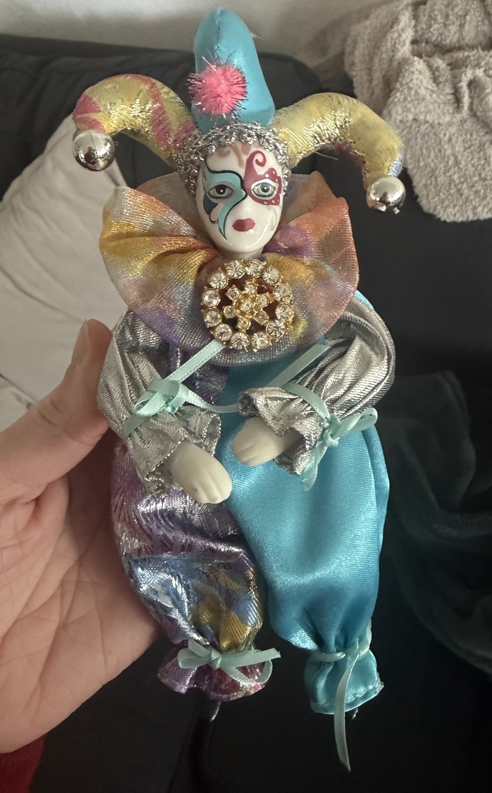 1980s Collectible Porcelain Jester Clown in Gold, Green, and Purple - Musical